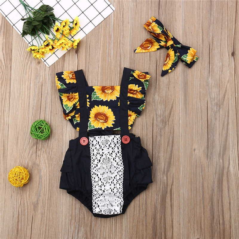 Baby Girls Flower Lace Sunflower Off Shoulder Romper Jumpsuit Headband Outfit Sunsuit Clothes - ebowsos