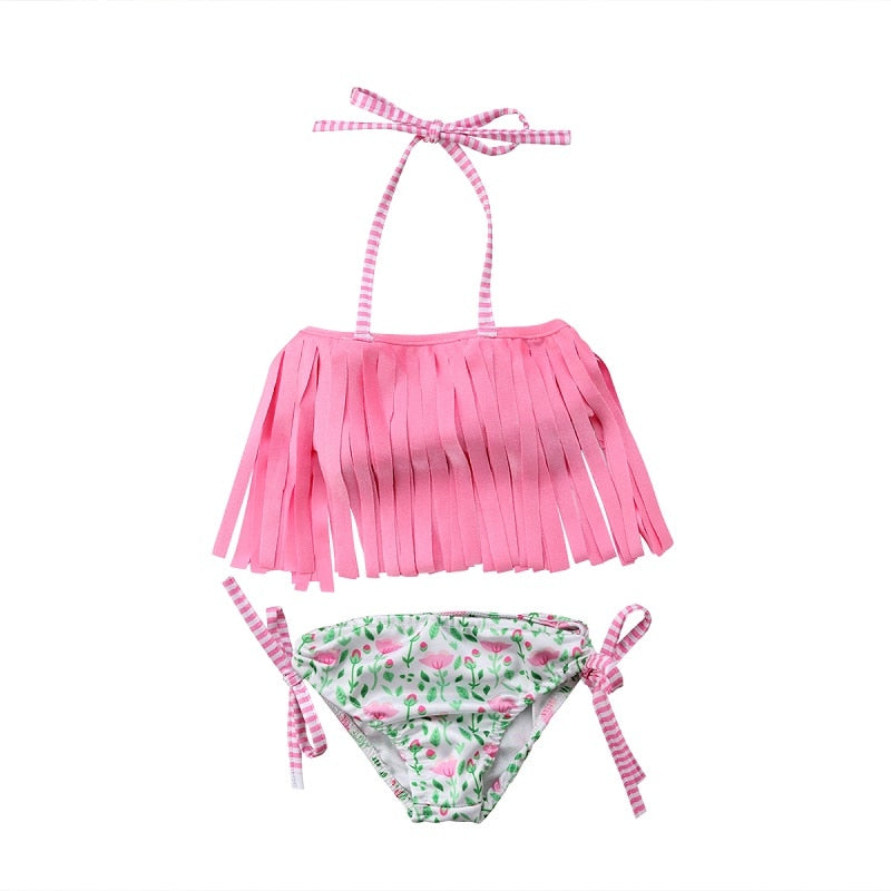 Baby Girls Flower Tassel Swimwear Swimsuit Bathing Suit Beachwear Bikini 2Pcs Set 2-7T - ebowsos