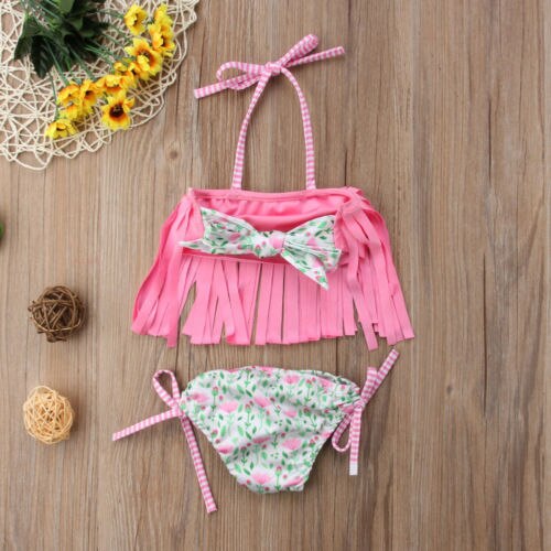 Baby Girls Flower Tassel Swimwear Swimsuit Bathing Suit Beachwear Bikini 2Pcs Set 2-7T - ebowsos