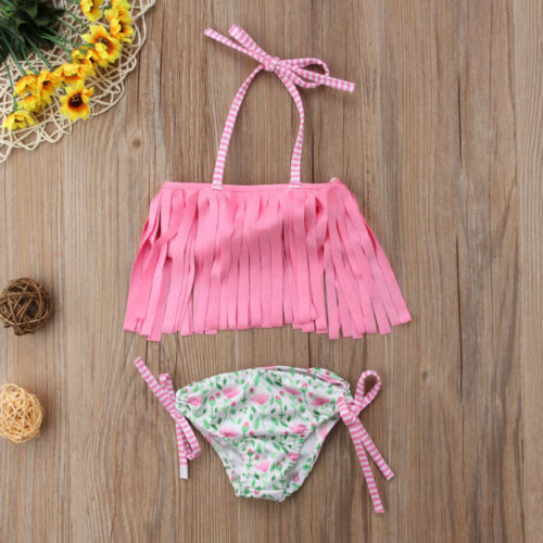 Baby Girls Flower Tassel Swimwear Swimsuit Bathing Suit Beachwear Bikini 2Pcs Set 2-7T - ebowsos