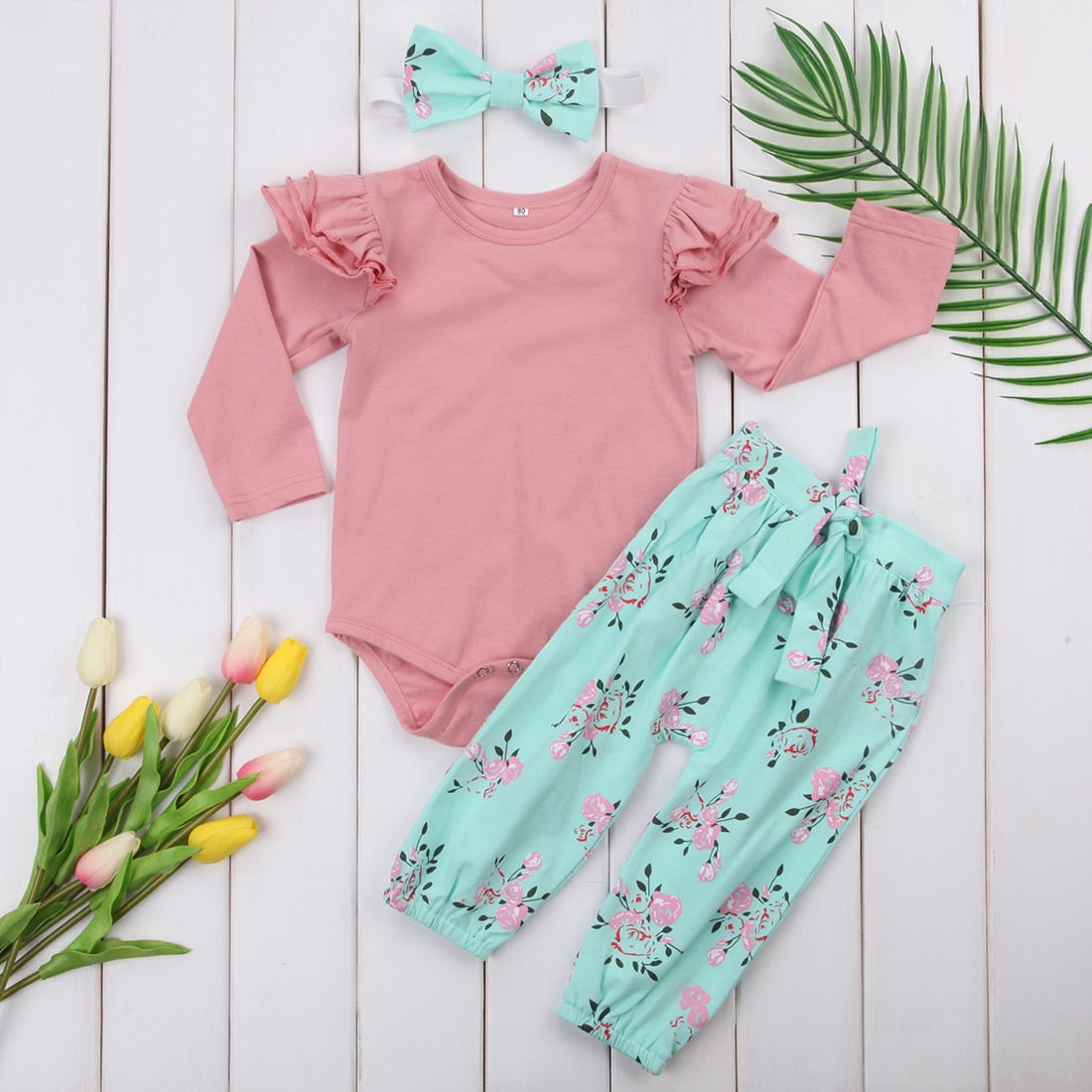 Baby Girls Infant Floral Outfits Clothes Romper Bodysuit+Long Pants 3pcs Set - ebowsos