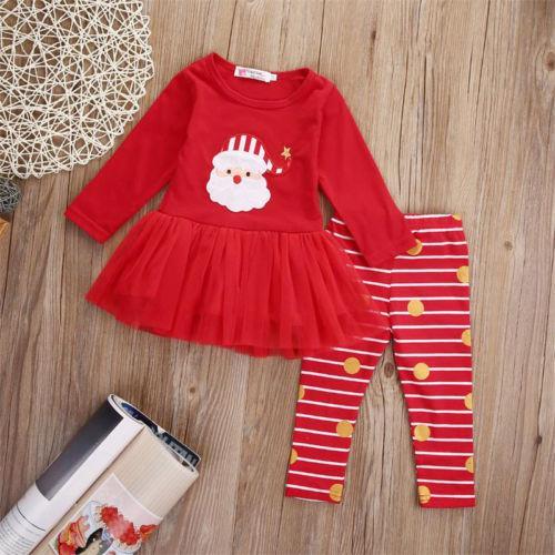 Baby Girls Kids Christmas Tutu Long Sleeve Cartoon Dress Polka Leggings Pants 2Pcs Clothes - ebowsos