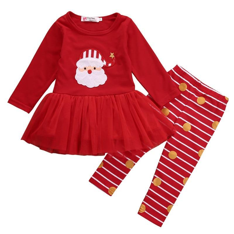 Baby Girls Kids Christmas Tutu Long Sleeve Cartoon Dress Polka Leggings Pants 2Pcs Clothes - ebowsos