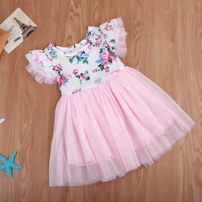 Baby Girls Party Dress Floral Princess Cute Short Sleeve Cotton Dress Summer Tulle Lace Tutu Dress Clothes 1-6T - ebowsos