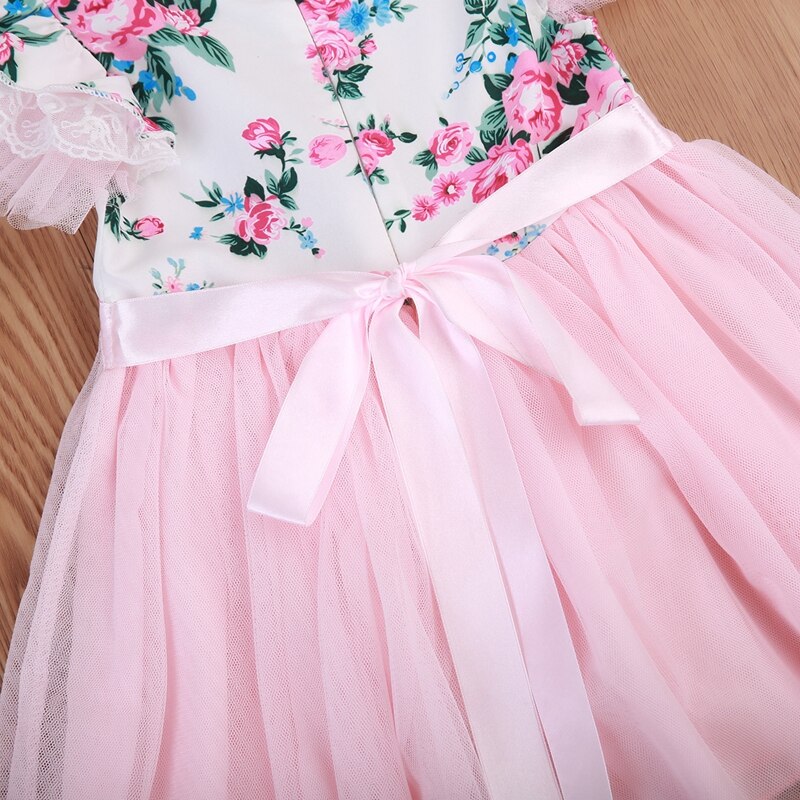 Baby Girls Party Dress Floral Princess Cute Short Sleeve Cotton Dress Summer Tulle Lace Tutu Dress Clothes 1-6T - ebowsos