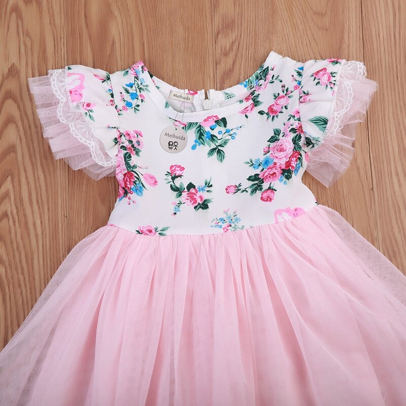 Baby Girls Party Dress Floral Princess Cute Short Sleeve Cotton Dress Summer Tulle Lace Tutu Dress Clothes 1-6T - ebowsos