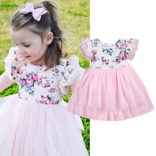 Baby Girls Party Dress Floral Princess Cute Short Sleeve Cotton Dress Summer Tulle Lace Tutu Dress Clothes 1-6T - ebowsos