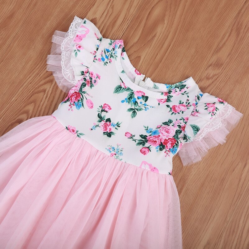 Baby Girls Party Dress Floral Princess Cute Short Sleeve Cotton Dress Summer Tulle Lace Tutu Dress Clothes 1-6T - ebowsos