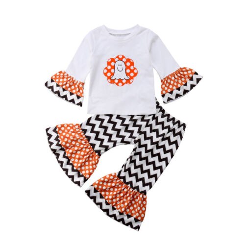 Baby Girls Pumpkin Wave Clothes Toddler Kids Halloween Clothes T-shirt Tops+Long Pants Flare Sleeve Outfits - ebowsos