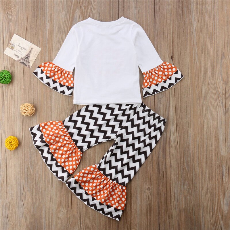 Baby Girls Pumpkin Wave Clothes Toddler Kids Halloween Clothes T-shirt Tops+Long Pants Flare Sleeve Outfits - ebowsos