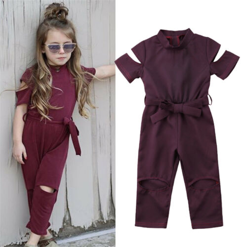Baby Girls Romper Short Sleeve Turtleneck Solid Wine Red Sashes Back Single Breasted Hole Jumpsuits - ebowsos