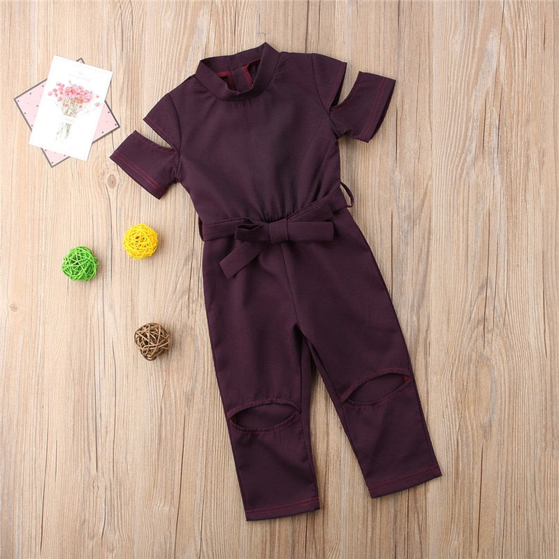Baby Girls Romper Short Sleeve Turtleneck Solid Wine Red Sashes Back Single Breasted Hole Jumpsuits - ebowsos