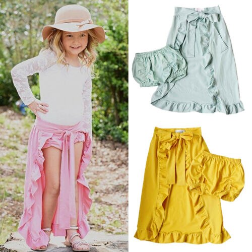 Baby Girls Skirts+Shorts Ruffle Bowknot Beach Dress Outfits 2Pcs Clothes - ebowsos