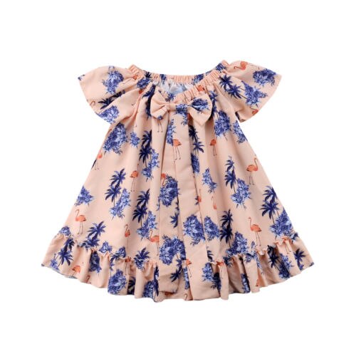 Baby Girls Summer Dresses Bowknot Flamingo Short Sleeve Dress Party Princess Tutu Dresses Summer Kids Clothing - ebowsos