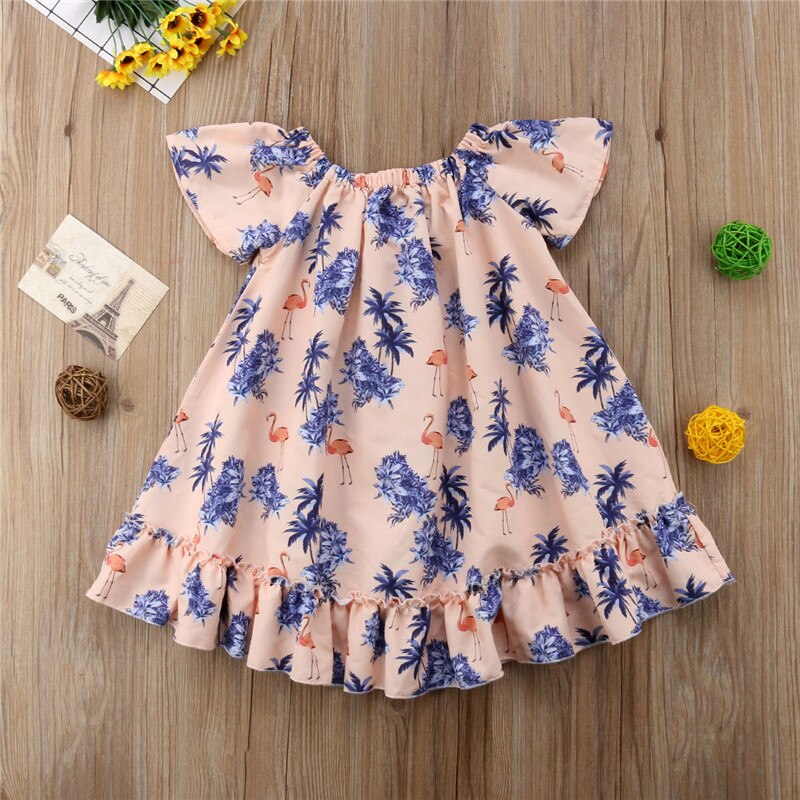 Baby Girls Summer Dresses Bowknot Flamingo Short Sleeve Dress Party Princess Tutu Dresses Summer Kids Clothing - ebowsos