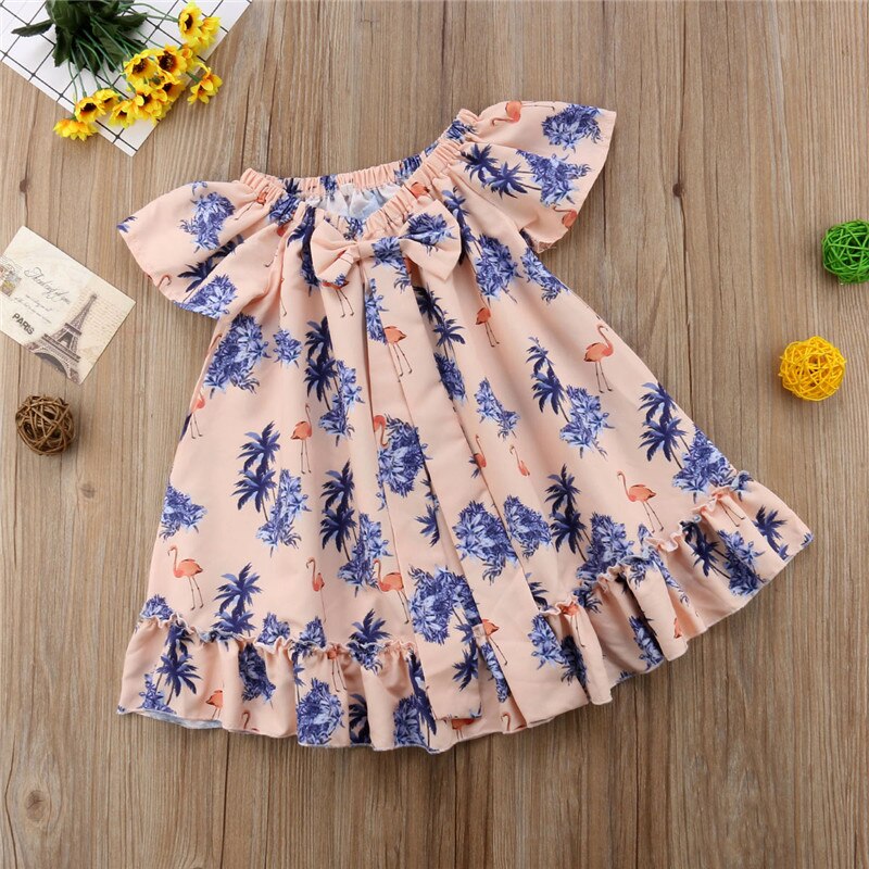 Baby Girls Summer Dresses Bowknot Flamingo Short Sleeve Dress Party Princess Tutu Dresses Summer Kids Clothing - ebowsos