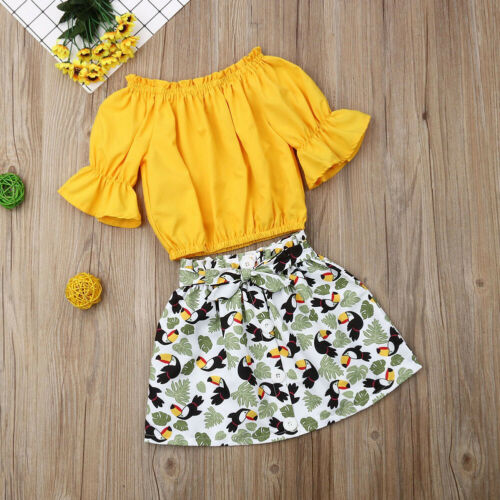 Baby Girls Sunflower Clothes Short Sleeve Off Shoulder Top+Tutu Skirt Outfits 2Pcs - ebowsos