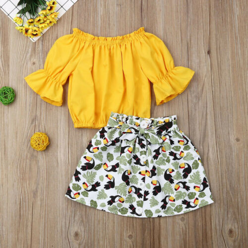 Baby Girls Sunflower Clothes Short Sleeve Off Shoulder Top+Tutu Skirt Outfits 2Pcs - ebowsos