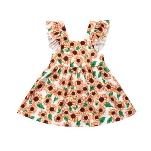 Baby Girls Sunflower Dresses Lace Sleeve Floral Party Dress Summer Kids Clothes - ebowsos