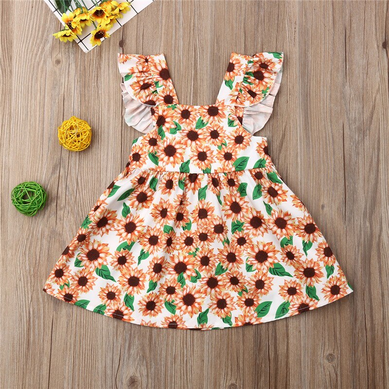 Baby Girls Sunflower Dresses Lace Sleeve Floral Party Dress Summer Kids Clothes - ebowsos