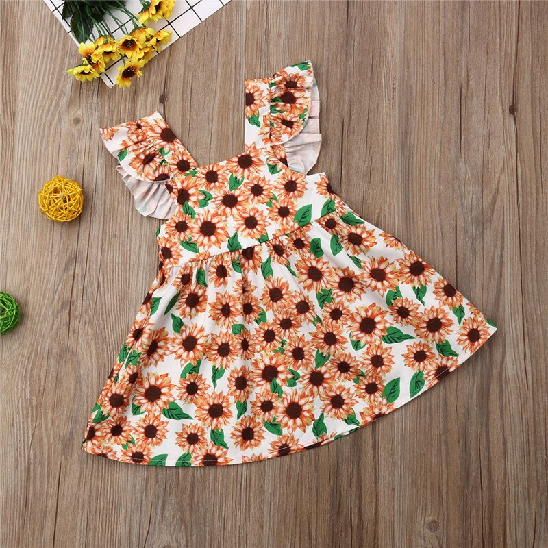 Baby Girls Sunflower Dresses Lace Sleeve Floral Party Dress Summer Kids Clothes - ebowsos