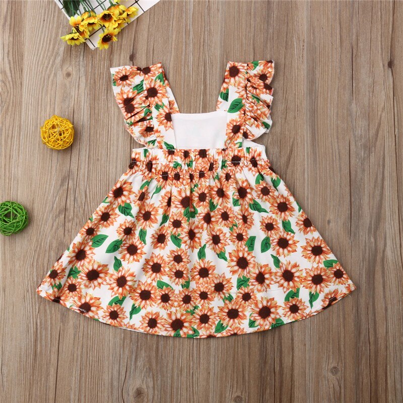 Baby Girls Sunflower Dresses Lace Sleeve Floral Party Dress Summer Kids Clothes - ebowsos