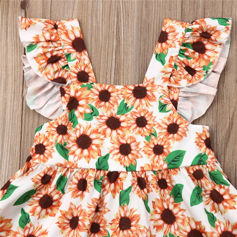 Baby Girls Sunflower Dresses Lace Sleeve Floral Party Dress Summer Kids Clothes - ebowsos