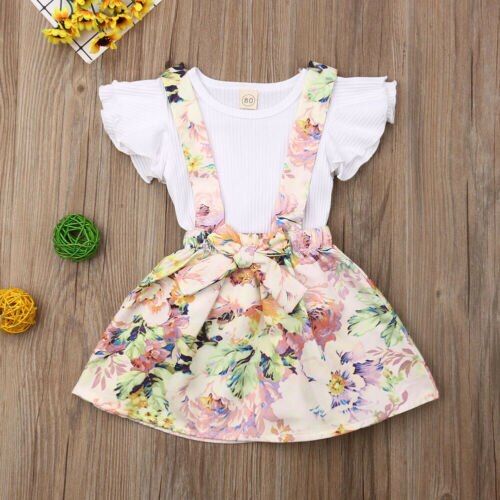 Baby Girls Tops t Shirt Floral Belt Dress Skirt Outfit 2Pcs Set Clothes - ebowsos