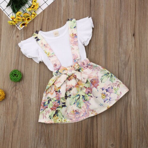 Baby Girls Tops t Shirt Floral Belt Dress Skirt Outfit 2Pcs Set Clothes - ebowsos