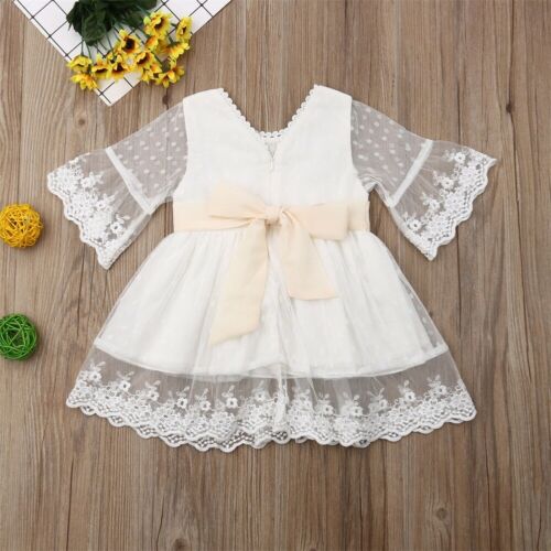 Baby Girls White Lace Dress Dresses Christening  Bridesmaid Flower Girl - ebowsos