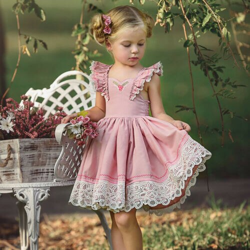 Baby Girls clothes sleeveless Ruffle Lace Party square collar backless kids Toddler cotton Mini Dresses one pieces - ebowsos