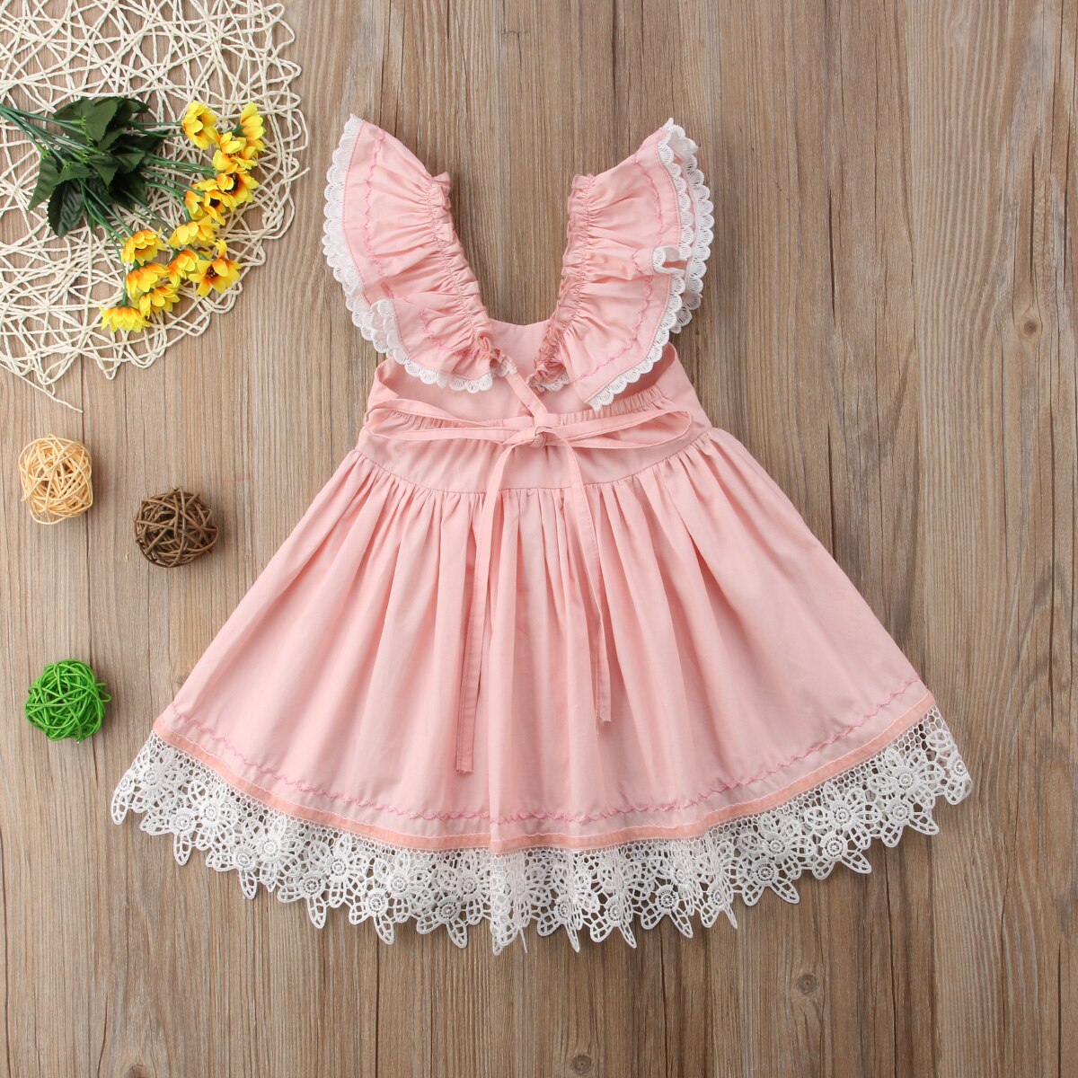 Baby Girls clothes sleeveless Ruffle Lace Party square collar backless kids Toddler cotton Mini Dresses one pieces - ebowsos