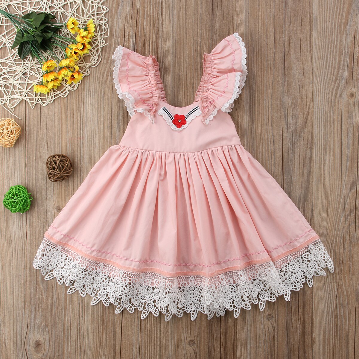 Baby Girls clothes sleeveless Ruffle Lace Party square collar backless kids Toddler cotton Mini Dresses one pieces - ebowsos