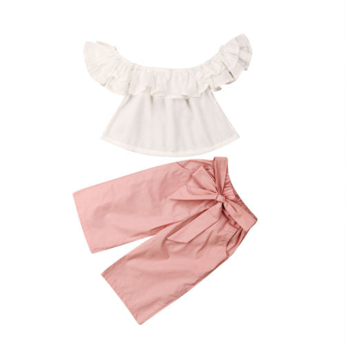 Baby Girls clothes sleeveless Ruffle pullover Off Shoulder Tops solid pocket bow Pants 2pc cotton lovely Outfits - ebowsos