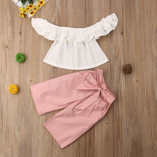 Baby Girls clothes sleeveless Ruffle pullover Off Shoulder Tops solid pocket bow Pants 2pc cotton lovely Outfits - ebowsos