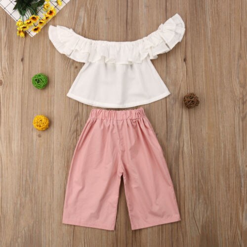 Baby Girls clothes sleeveless Ruffle pullover Off Shoulder Tops solid pocket bow Pants 2pc cotton lovely Outfits - ebowsos