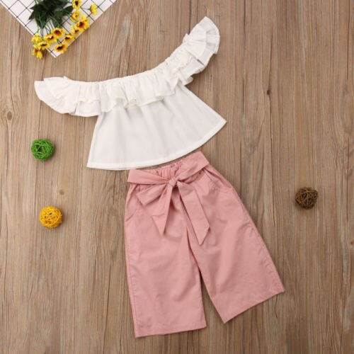 Baby Girls clothes sleeveless Ruffle pullover Off Shoulder Tops solid pocket bow Pants 2pc cotton lovely Outfits - ebowsos