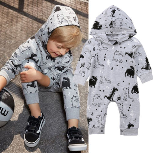 Baby Infant Boys Long Sleeve Romper Hooded Jumpsuit Dinosaur Outfits Cotton Autumn Clothes - ebowsos