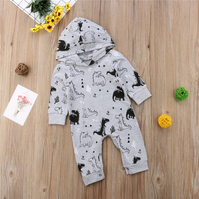 Baby Infant Boys Long Sleeve Romper Hooded Jumpsuit Dinosaur Outfits Cotton Autumn Clothes - ebowsos