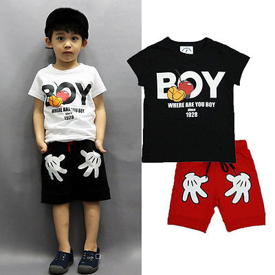 Baby Kids Boy Cartoon Mouse Short Sleeve T-shirt+ Palm Shorts Pants 2pcs Children Clothing Set  2-7Y - ebowsos