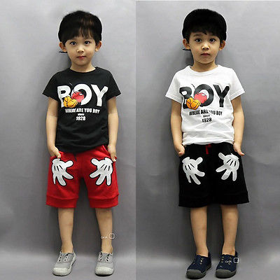 Baby Kids Boy Cartoon Mouse Short Sleeve T-shirt+ Palm Shorts Pants 2pcs Children Clothing Set  2-7Y - ebowsos