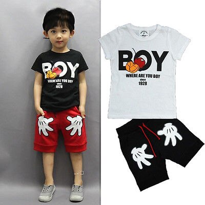 Baby Kids Boy Cartoon Mouse Short Sleeve T-shirt+ Palm Shorts Pants 2pcs Children Clothing Set  2-7Y - ebowsos