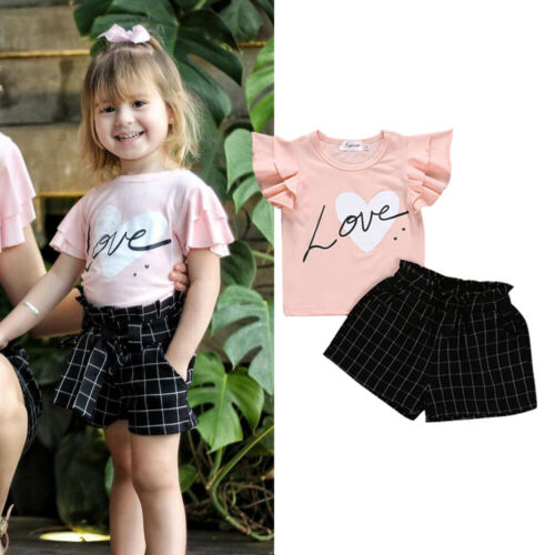 Baby Kids Girl Ruffle Flying Sleeve T-shirts Tops Plaid Black Sport Shorts 2Pcs Girl Sets - ebowsos