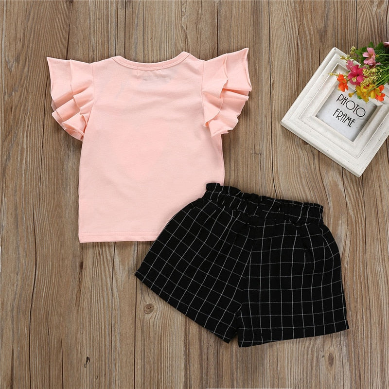 Baby Kids Girl Ruffle Flying Sleeve T-shirts Tops Plaid Black Sport Shorts 2Pcs Girl Sets - ebowsos