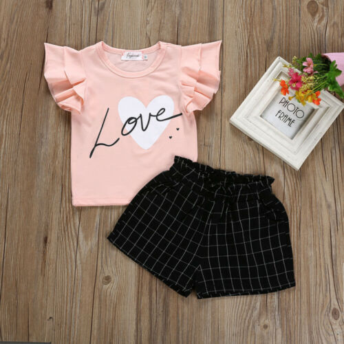 Baby Kids Girl Ruffle Flying Sleeve T-shirts Tops Plaid Black Sport Shorts 2Pcs Girl Sets - ebowsos