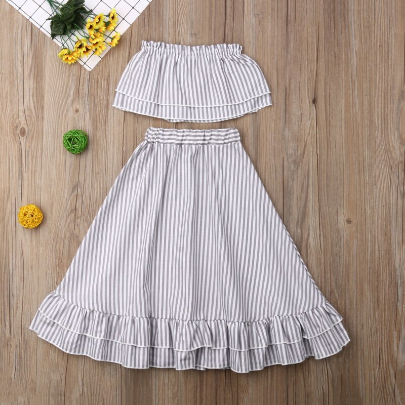 Baby Kids Girls Cotton Striped Tops Princess Party Dresses Skirts Set Clothes - ebowsos