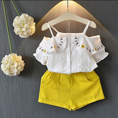 Baby Kids Girls Short Sleeve Tops Off Shoulder Shits+Shorts Pants Set 2Pcs Clothes - ebowsos