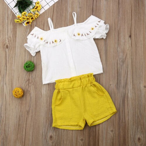 Baby Kids Girls Short Sleeve Tops Off Shoulder Shits+Shorts Pants Set 2Pcs Clothes - ebowsos