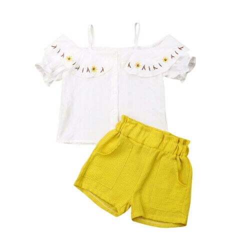 Baby Kids Girls Short Sleeve Tops Off Shoulder Shits+Shorts Pants Set 2Pcs Clothes - ebowsos