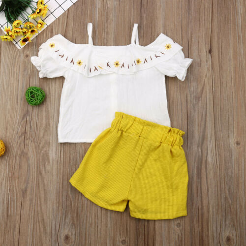 Baby Kids Girls Short Sleeve Tops Off Shoulder Shits+Shorts Pants Set 2Pcs Clothes - ebowsos